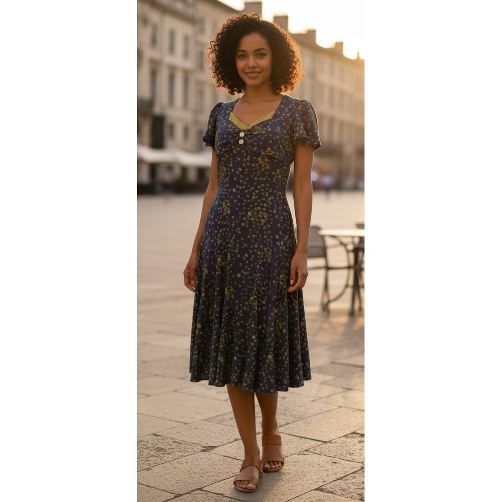 Custom Made Womens Dress Polka Dot Silk Midi Flutter Sleeve Pleated Chic Size XS